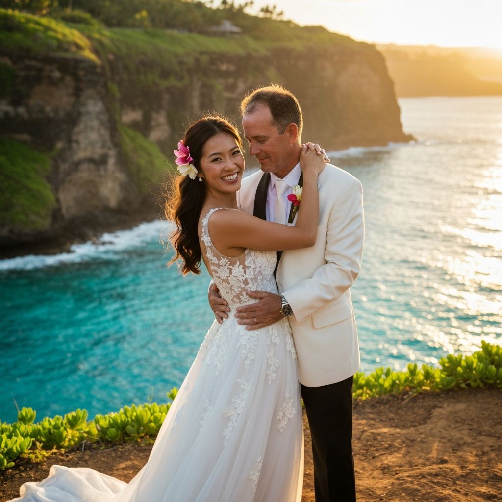 Hawaii wedding couple on cliff at golden hour