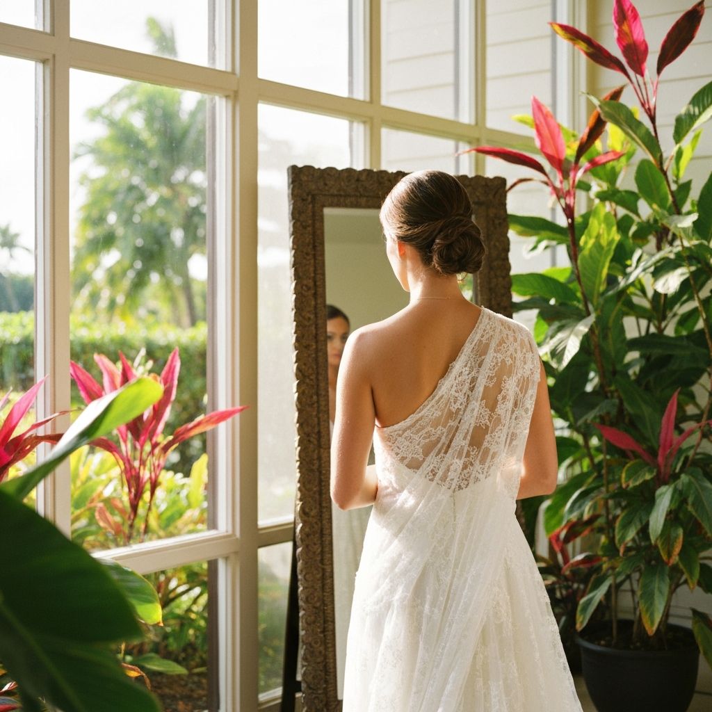 Bride getting ready in Hawaiian villa