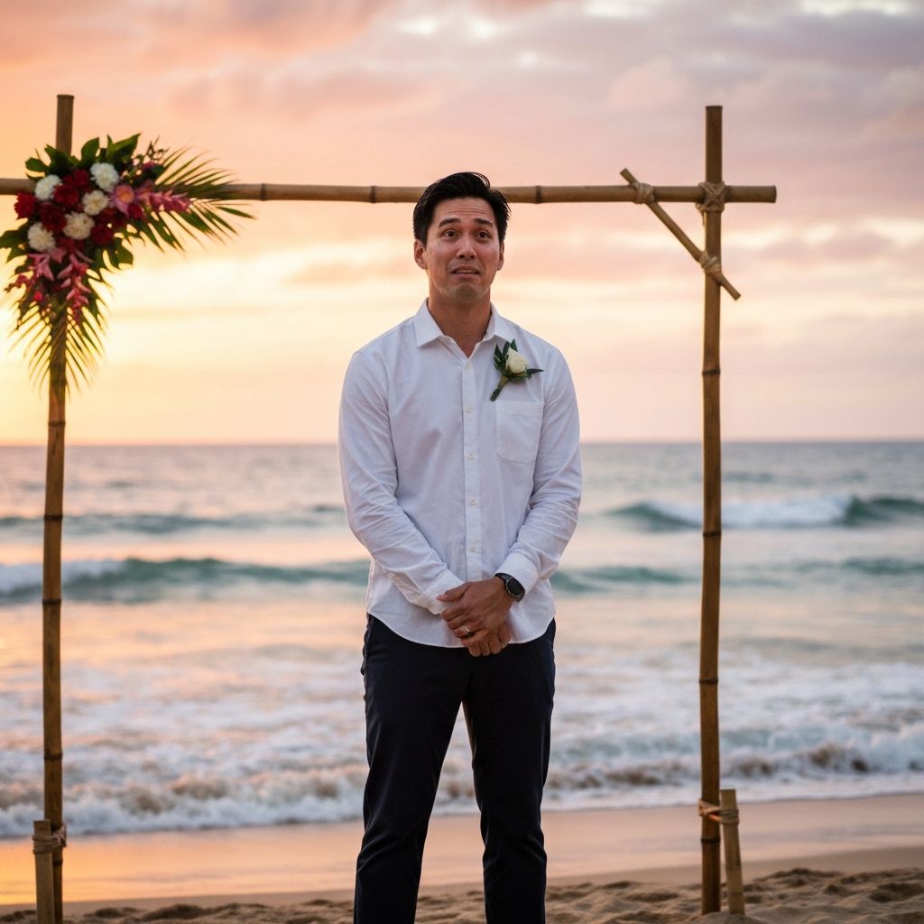 Groom waiting at beach altar