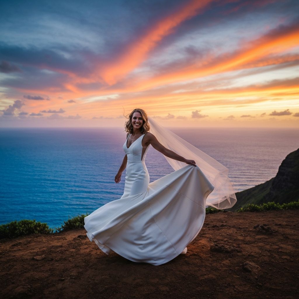 Bride twirling on Hawaiian cliff