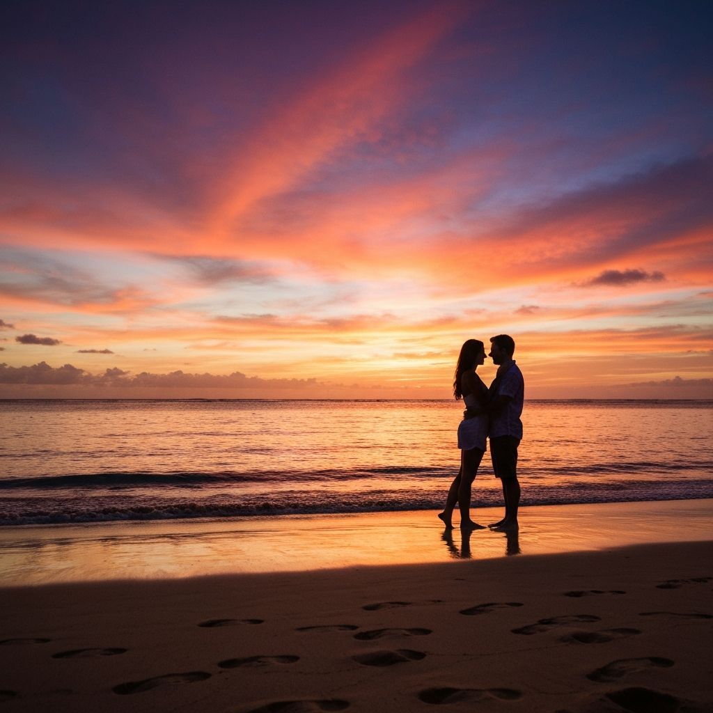 Couple silhouette against Hawaiian sunset